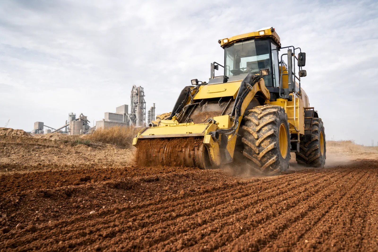 Heavy soil reclaimer pulverizing and mixing dirt on a civil construction site