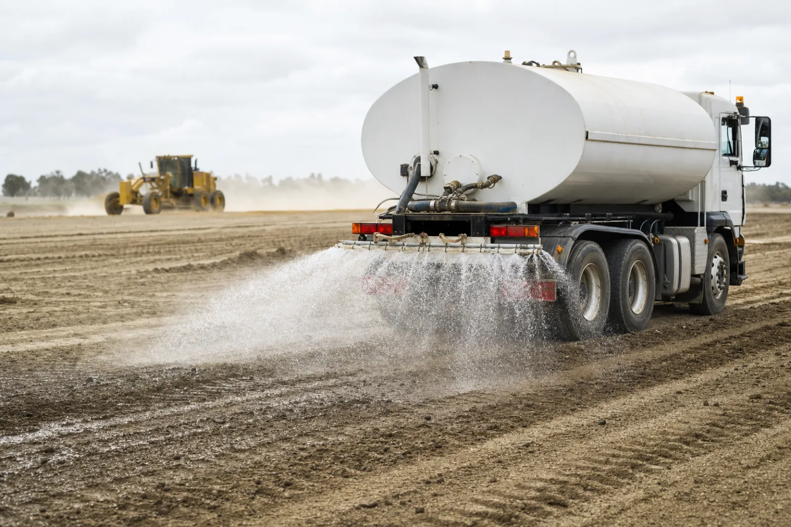 Water truck spraying across a graded soil surface to blend the stabilizer to depth