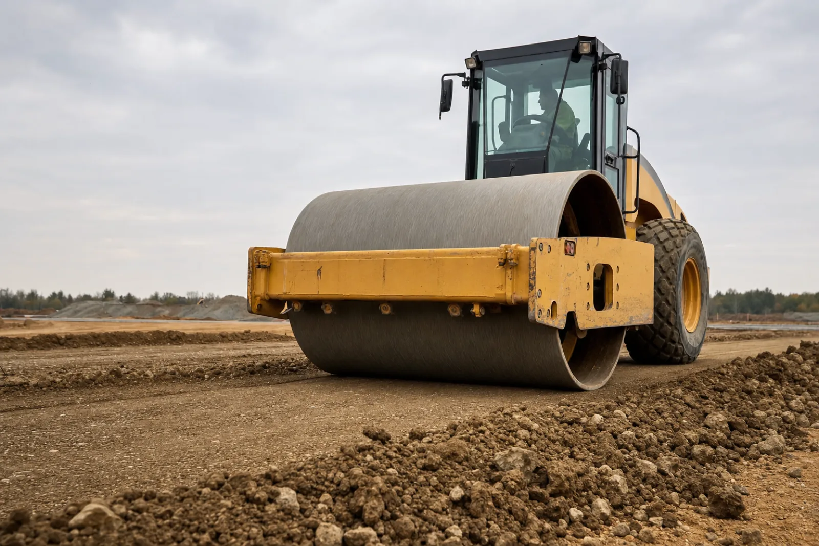 Vibratory drum roller compacting a freshly mixed stabilized soil surface to density