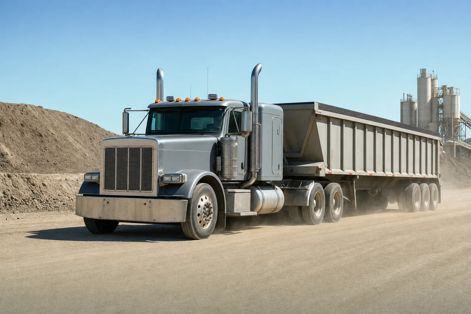 A heavy Class 8 semi-truck driving on a firm stabilized road the same day it was built