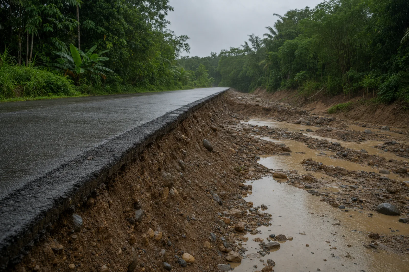 A solid stabilized road standing intact beside an eroded, washed-out embankment after heavy rain
