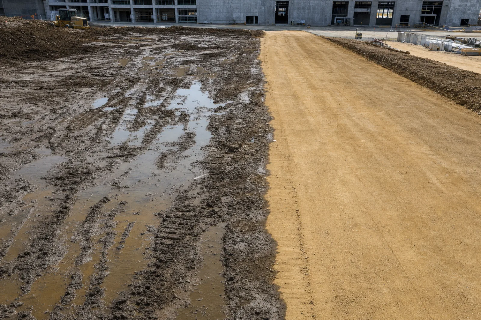 Side-by-side: muddy unstabilized ground next to a firm, finished stabilized surface