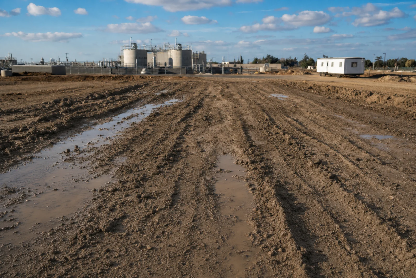 Before: the same site as raw, rutted, muddy ground prior to stabilization